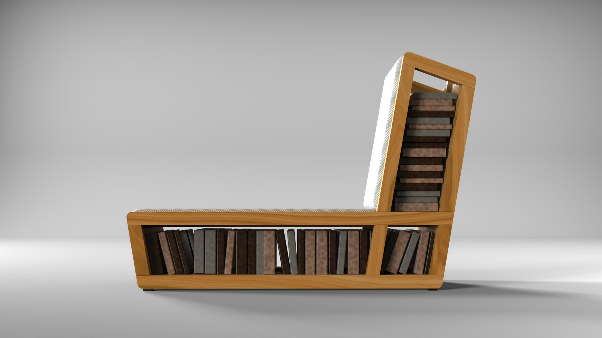 Bookshelf Chair — oak lounge chair with integrated bookshelf, rendered